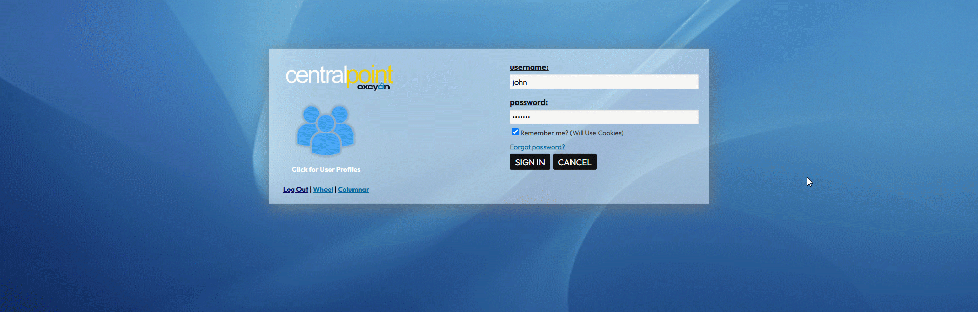 Centralpoint Login Screen